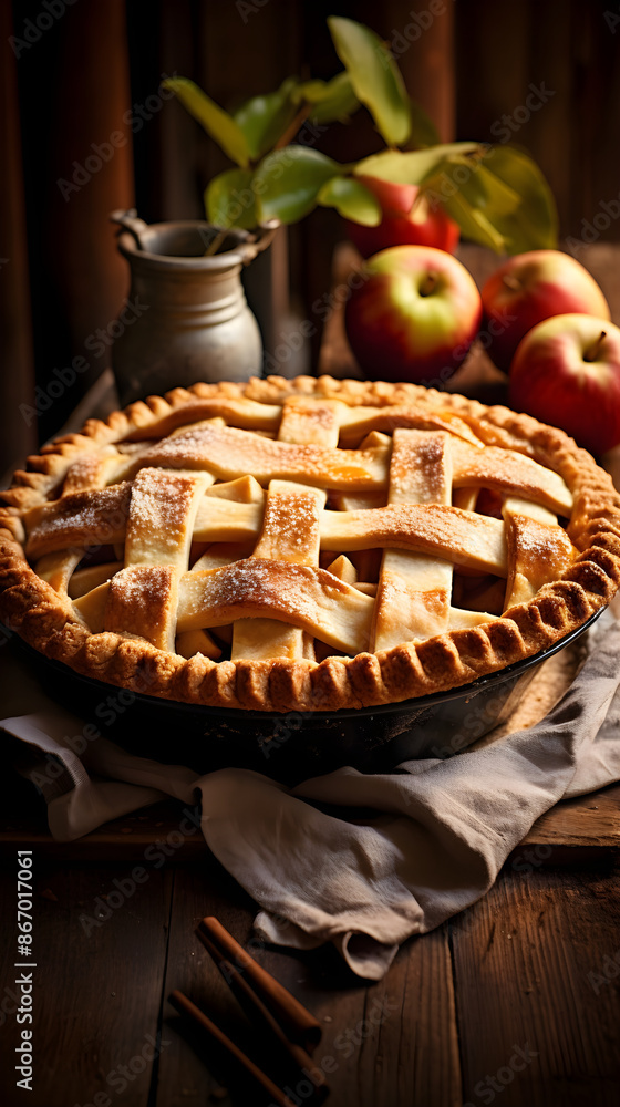 Golden-baked Homemade Apple Pie Amidst Rustic Setting Golden-baked Homemade Apple Pie Amidst Rustic Setting