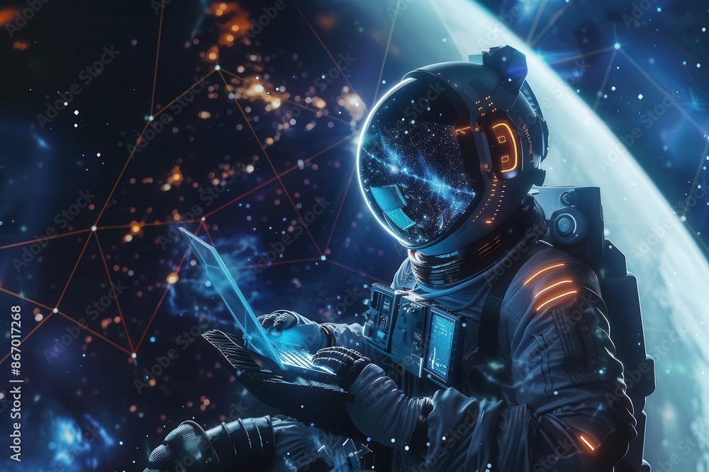 astronaut floating in zero gravity working on holographic laptop starry space background earth visible in distance futuristic spacesuit with glowing accents astronaut floating in zero gravity working on holographic laptop starry space background earth visible in distance futuristic spacesuit with glowing accents