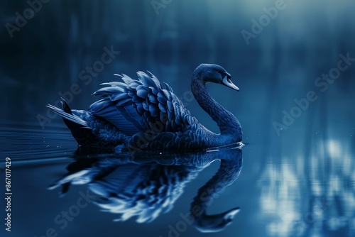 Fototapeta Naklejka Na Ścianę i Meble -  Black swan is swimming on a lake with the water reflecting its image