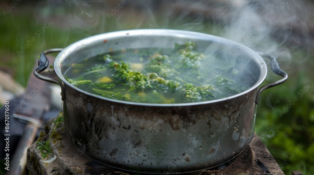 A steaming pot of homemade nettle soup filled with vibrant bursts of green from the wild herbs blended into the broth. A steaming pot of homemade nettle soup filled with vibrant bursts of green from the wild herbs blended into the broth.