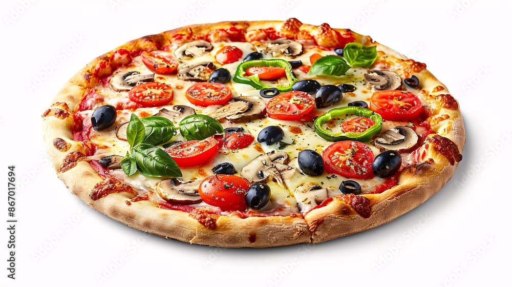 Delicious vegetarian pizza with champignon mushrooms. Isolated on white background. Delicious vegetarian pizza with champignon mushrooms. Isolated on white background.