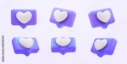 3d rendered purple heart textbox, heart icon, love social media notification, emoticon on the chat box. Set Like heart icon on a purple pin. Set of heart in speech bubble icon. Vector illustration