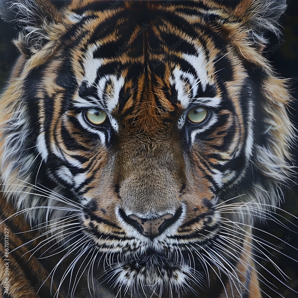 Naklejka premium Angry tiger,Sumatran tiger (Panthera tigris sumatrae) beautiful animal and his portrait. 