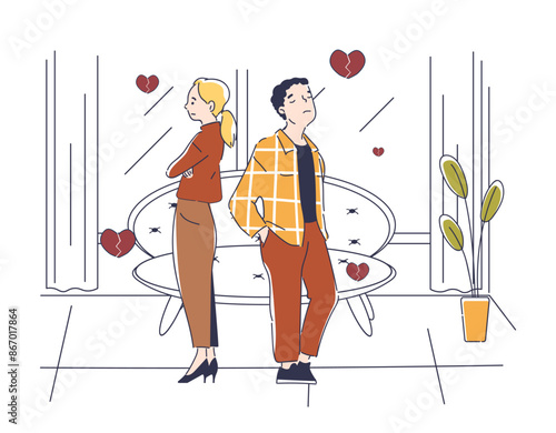 A man and a woman in a quarrel. Couple with negative feelings and emotions. Boyfriend and girlfriend break up or get divorced. Frustration and depression. Line art flat vector illustration
