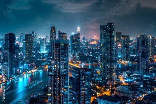 A city at night with a lot of tall buildings