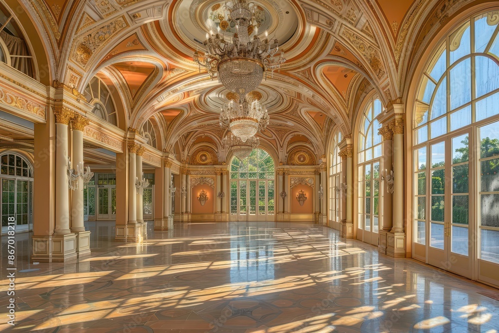 Obraz premium elegant ballroom with ornate columns and expansive arched window bathed in soft ethereal light intricate ceiling frescoes and crystal chandeliers reflect grandeur and opulence