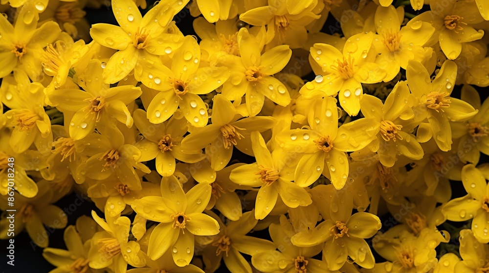 Obraz premium Solidago flowers pattern background. Close-up of vibrant yellow flowers with water droplets on petals. Full screen filled.