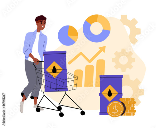 Man invests in oil abstract concept. Man with oil barrel in a shopping cart. Investor and trader near graphs and diagrams. Entrepreneur with infographics. Fuel trading. Flat vector illustration