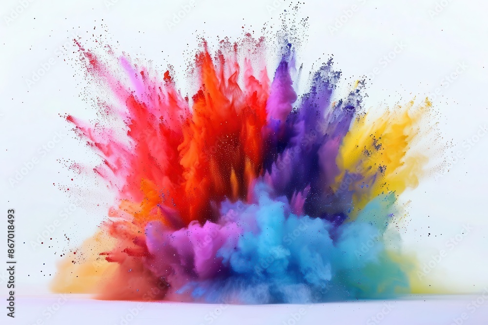 explosive burst of vibrant powder paint frozen in time against stark white backdrop rainbow hues collide midair creating mesmerizing display of color and motion in highspeed photography explosive burst of vibrant powder paint frozen in time against stark white backdrop rainbow hues collide midair creating mesmerizing display of color and motion in highspeed photography