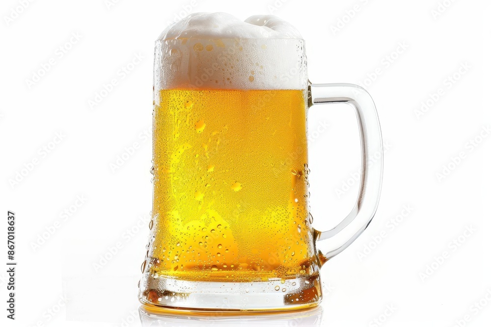 frosty mug of golden beer with perfect foam head isolated on crisp white background showcasing rich color and refreshing condensation frosty mug of golden beer with perfect foam head isolated on crisp white background showcasing rich color and refreshing condensation