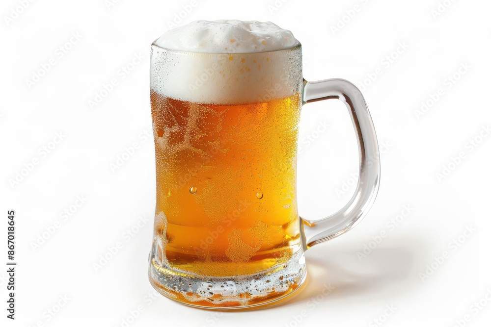 frosty mug of golden beer with perfect foam head isolated on crisp white background showcasing rich color and refreshing condensation frosty mug of golden beer with perfect foam head isolated on crisp white background showcasing rich color and refreshing condensation