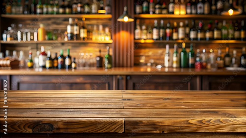 Empty the top of wooden table with blurred counter bar and bottles Background Empty the top of wooden table with blurred counter bar and bottles Background