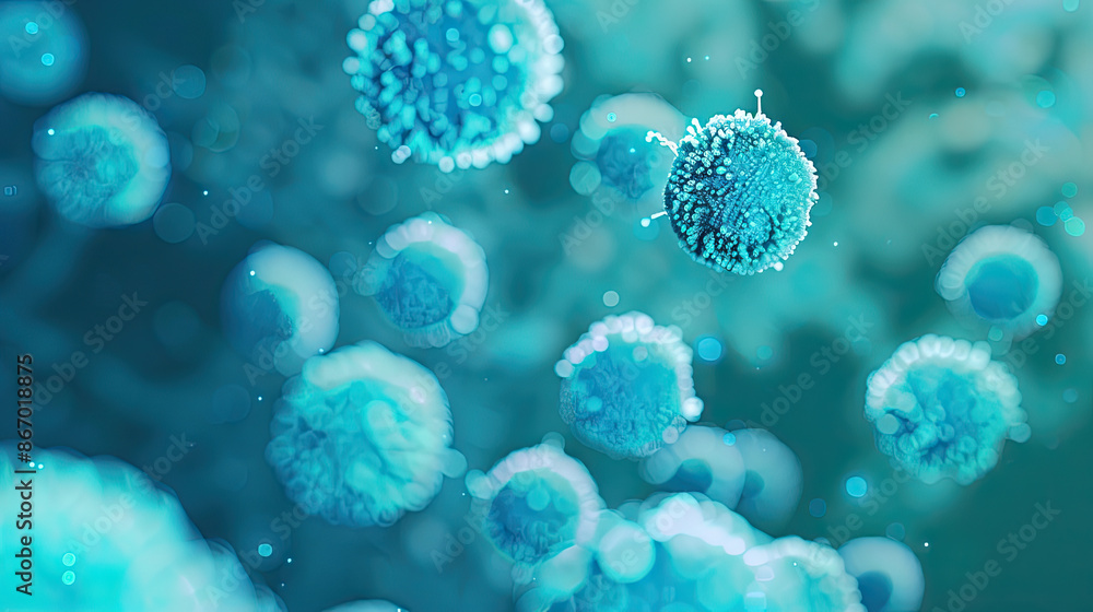 Microscopic photograph of bacteria, spherical clusters, bright blue with green accents, near detailed cell structures with glowing light. Microscopic photograph of bacteria, spherical clusters, bright blue with green accents, near detailed cell structures with glowing light.