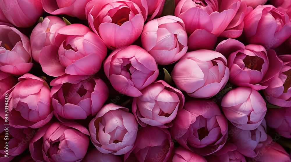Blooming Tulip flowers composition. A close-up view of a large bouquet of pink tulips, showcasing their vibrant petals and lush green stems. Full screen filled. Blooming Tulip flowers composition. A close-up view of a large bouquet of pink tulips, showcasing their vibrant petals and lush green stems. Full screen filled.