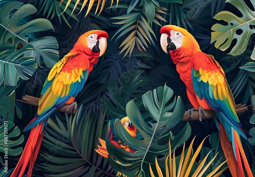 Two colorful macaws perched on a branch in a lush tropical jungle setting. © Eddy Drmwn