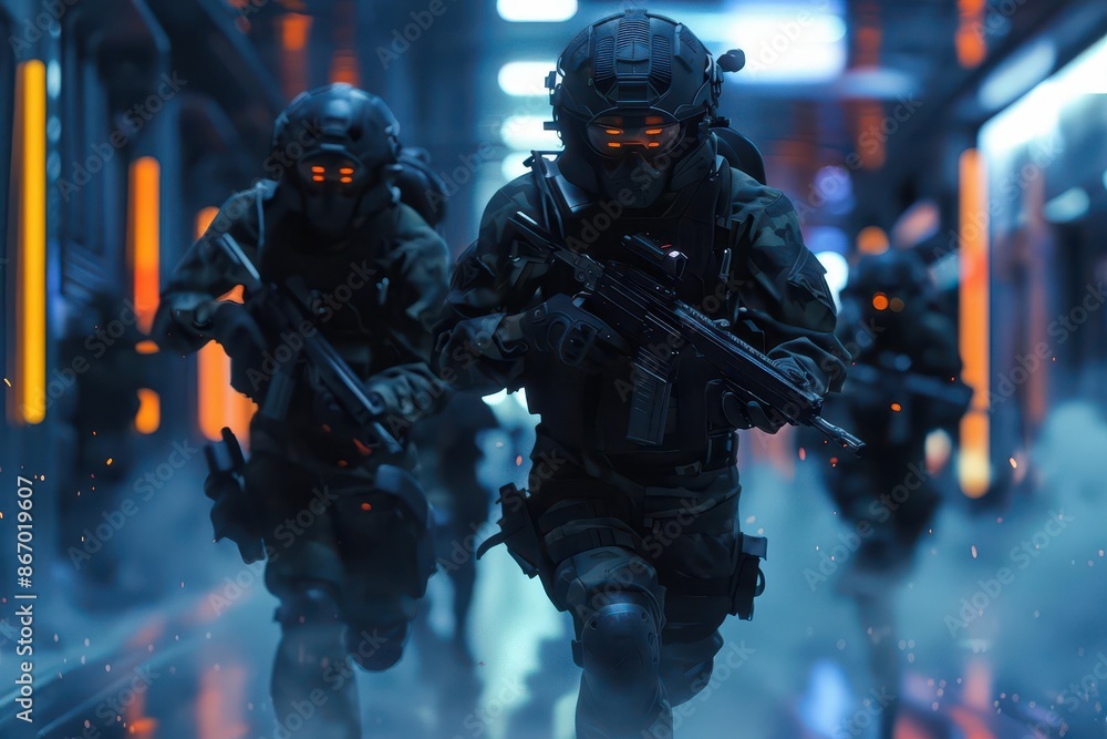 futuristic soldiers advancing in urban warfare military technology concept digital illustration futuristic soldiers advancing in urban warfare military technology concept digital illustration