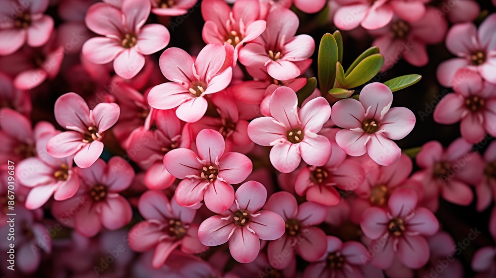 Waxflower flowers beauty texture. Close-up of a cluster of pink flowers in full bloom with green leaves. Full screen filled. Waxflower flowers beauty texture. Close-up of a cluster of pink flowers in full bloom with green leaves. Full screen filled.