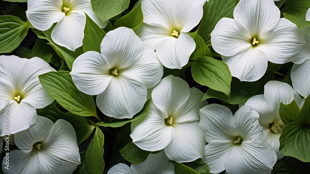 White Flowers flowers beauty texture. A close-up of multiple white trillium flowers with green leaves. Full screen filled. White Flowers flowers beauty texture. A close-up of multiple white trillium flowers with green leaves. Full screen filled.