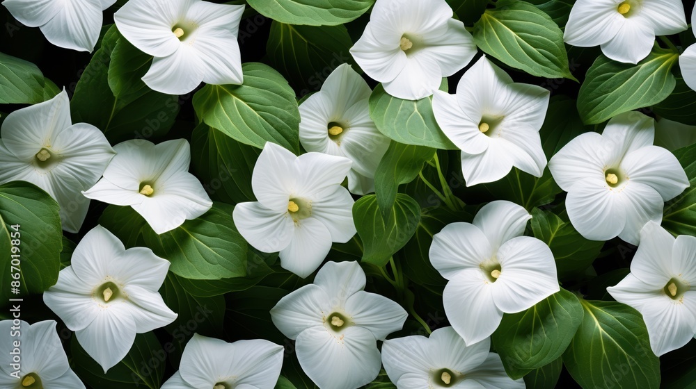 White Flowers flowers beauty texture. A close-up view of numerous white trillium flowers with green leaves. Full screen filled. White Flowers flowers beauty texture. A close-up view of numerous white trillium flowers with green leaves. Full screen filled.