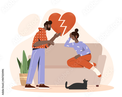 Misunderstanding in the family. A man and a woman quarreling at home. Divorce and separation of a married couple. Guy and girl with negative feelings and emotions. Flat vector illustration
