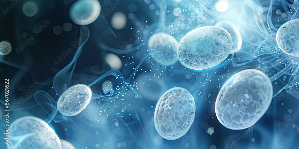 Stylized depiction of Candida albicans, oval-shaped, white and blue, set against a dark, atmospheric backdrop with soft light beams and floating particles. Stylized depiction of Candida albicans, oval-shaped, white and blue, set against a dark, atmospheric backdrop with soft light beams and floating particles.