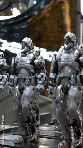 space soldiers, a squad of stormtrooper guards marching through the space station, cyborgs sci-fi style, 3D rendering photo