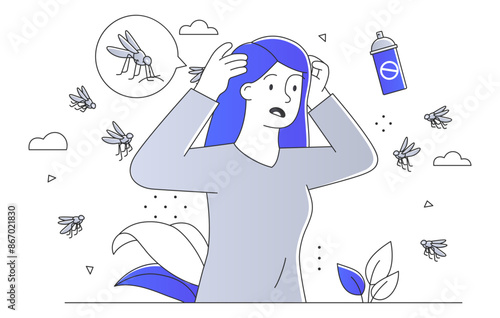 Mosquitoes attacking a woman. A woman suffers from insect bites. Mosquito repellent spray. Protection against malaria. Line art style flat vector illustration