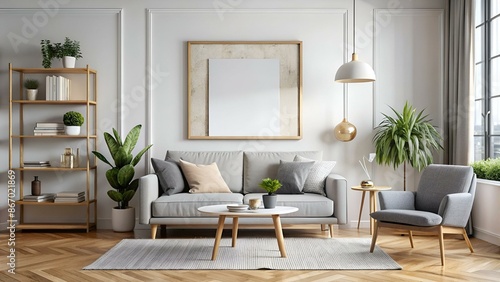 mock up poster frame in modern interior background, living room, Scandinavian style, 3D render, 3D illustration © Alon