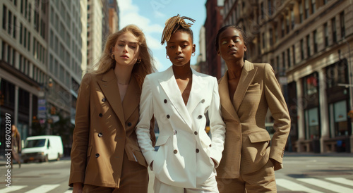 Three stunning women with sleek hair, wearing white and brown blazer suits, posing on a New York street for a luxury fashion brand commercial © Kien