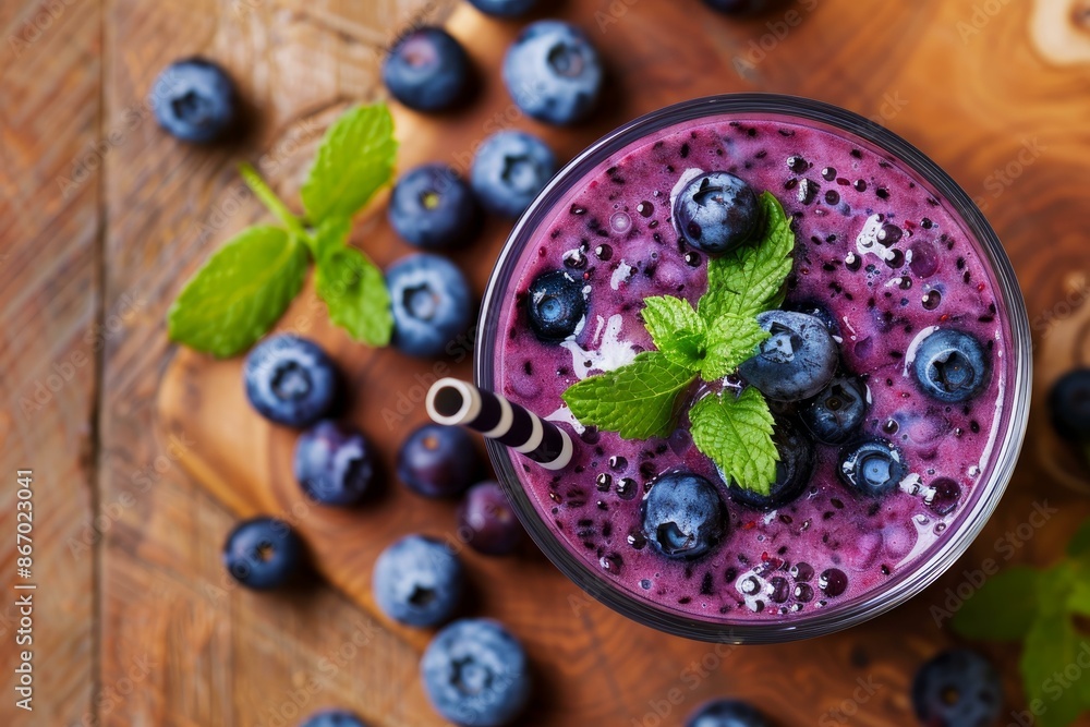 Glass of blueberry smoothie surrounded by fresh ripe blueberries and mint on a rustic wooden table Glass of blueberry smoothie surrounded by fresh ripe blueberries and mint on a rustic wooden table