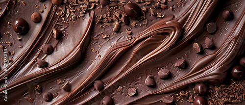 Texture of Melted Chocolate. Chocolate with Chocochips, Closeup Chocolate. Chocolate Background. Chocolate Day Concept with Copy Space