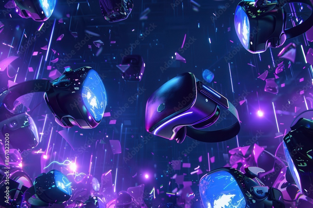 A digital world comes to life as VR headsets and AR glasses float in a ...