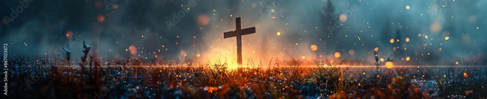 Christian cross on the meadow with wildflowers outdoors at sunset. Resurrection of Jesus, crucifixion. Easter morning. Good Friday, Palm Sunday. Peace and hope. Religion and christianity concept Christian cross on the meadow with wildflowers outdoors at sunset. Resurrection of Jesus, crucifixion. Easter morning. Good Friday, Palm Sunday. Peace and hope. Religion and christianity concept