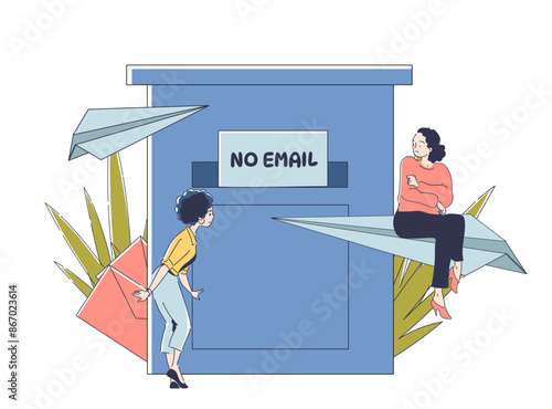 Abstract concept depicting two women waiting to receive an important letter or email. Modern line art style flat vector illustration