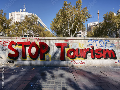 Stop tourism graffiti on a wall in a european city. Anti tourism. Generative ai photo