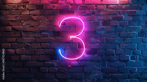 Neon number 3 on brick wall background
