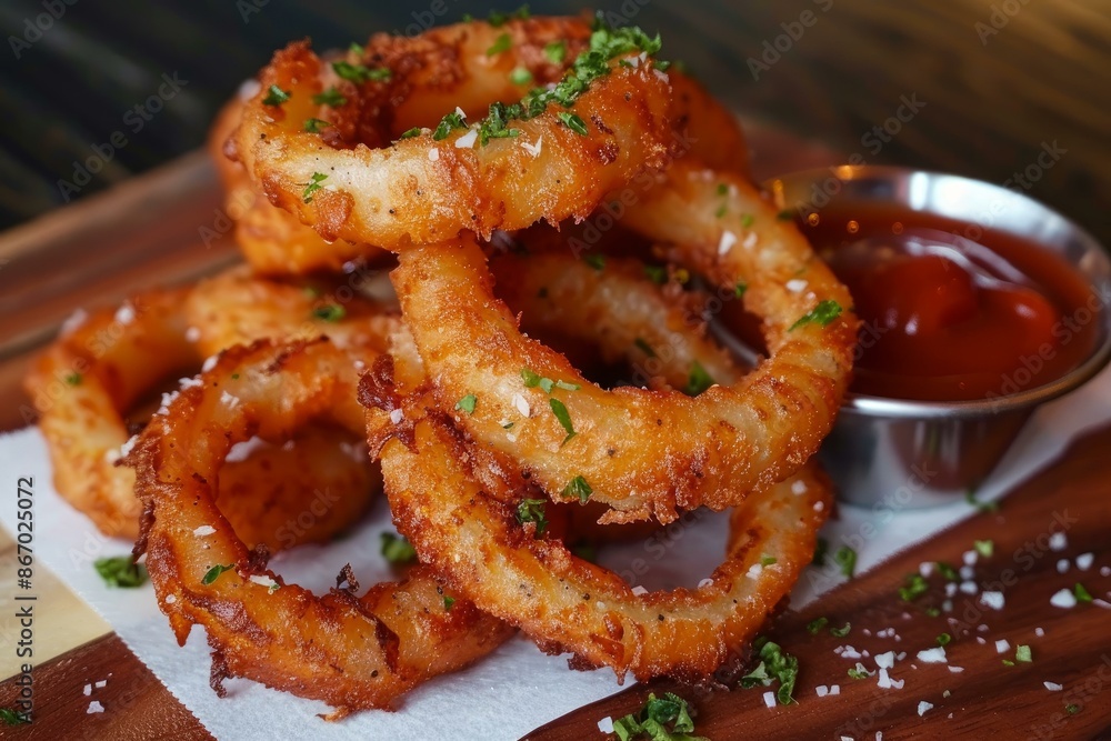 Deep fried onion rings seasoned with parsley and salt served with a side of ketchup Deep fried onion rings seasoned with parsley and salt served with a side of ketchup