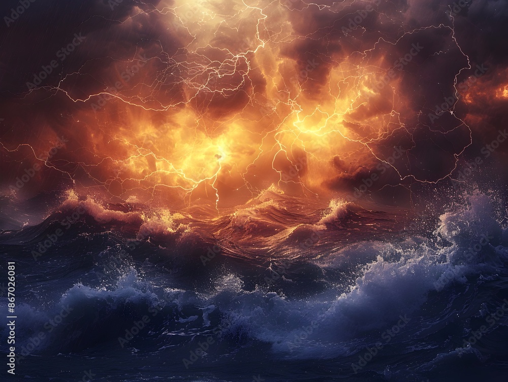 Dramatic Electric Storm Raging Over Turbulent Ocean Waves with Powerful Lightning Bolts Dramatic Electric Storm Raging Over Turbulent Ocean Waves with Powerful Lightning Bolts