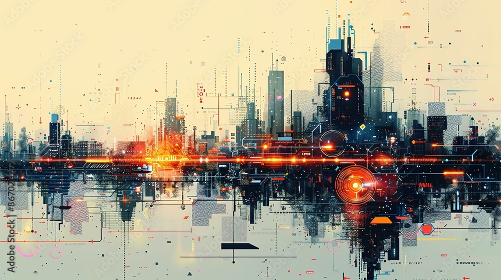 Obraz premium Neon Technopolis: AI-Rendered Graphic Design