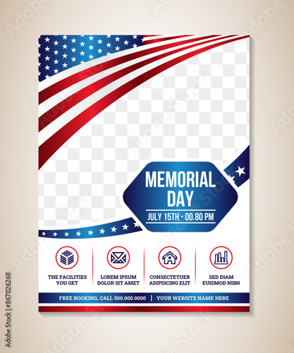 Memorial Day event flyer Template Design. vertical layout poster templates. Vector illustration with space for photo or image. USA flag with blue star frame.