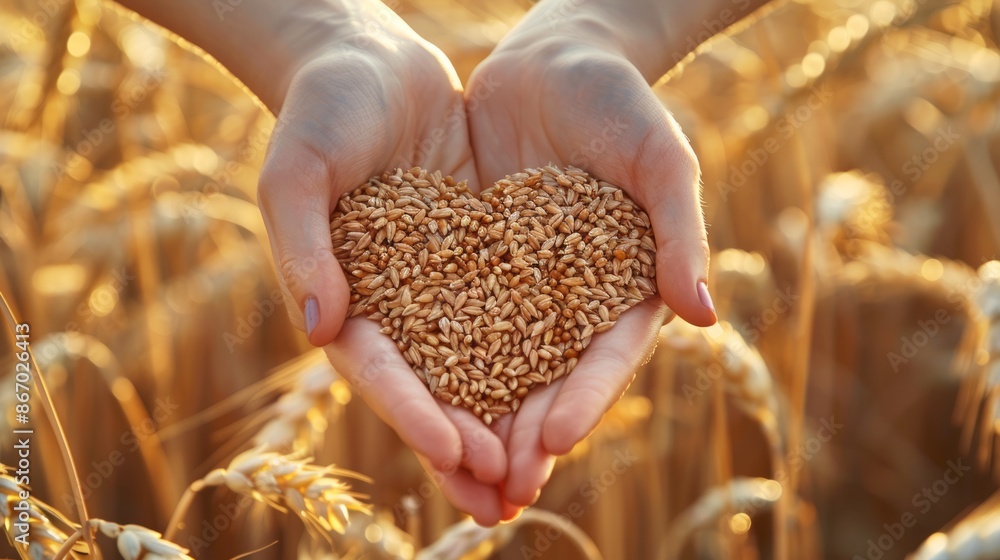 Hands Holding Wheat Grains in Heart Shape in a Golden Field Hands Holding Wheat Grains in Heart Shape in a Golden Field