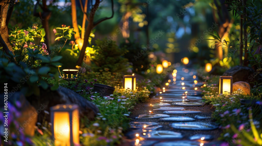 Enchanting pathway lit by lanterns in a magical night garden, creating a serene and tranquil ambiance Enchanting pathway lit by lanterns in a magical night garden, creating a serene and tranquil ambiance