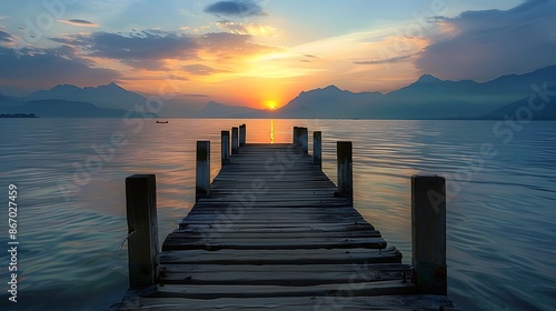 Scenic view of a dock with sunset approaching and mountains in the distance