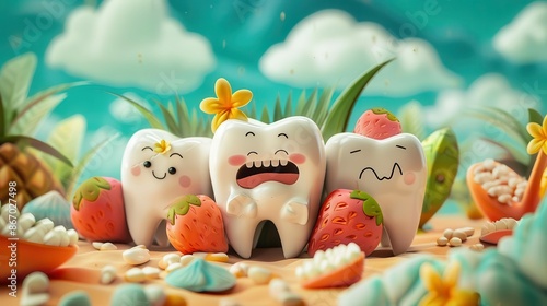 cartoon tooth characters healthy teeth surrounding a sick tooth in hawaiian theme digital illustration