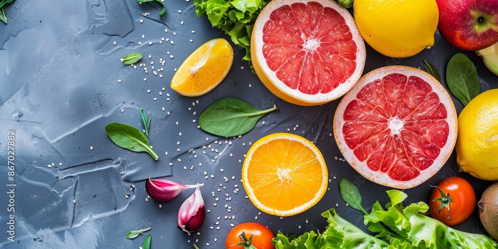 Colorful Fresh Fruit and Vegetables on a Textured Surface Colorful Fresh Fruit and Vegetables on a Textured Surface