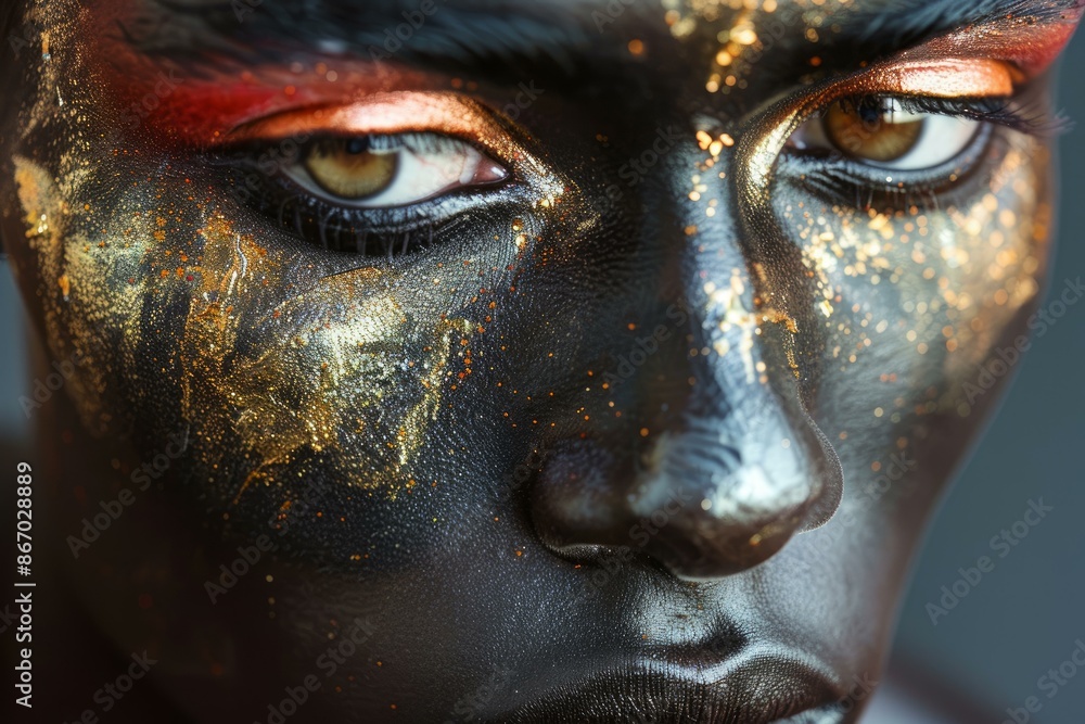 Model posing with dramatic black and gold body paint and glitter covering face Model posing with dramatic black and gold body paint and glitter covering face