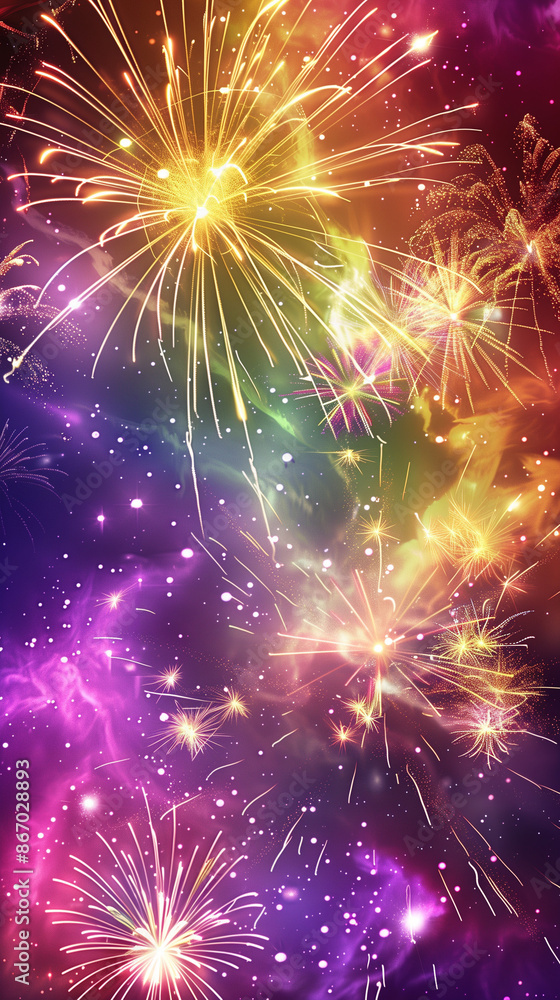 Fototapeta premium images of numerous fireworks floating in a clear, colorful sky 