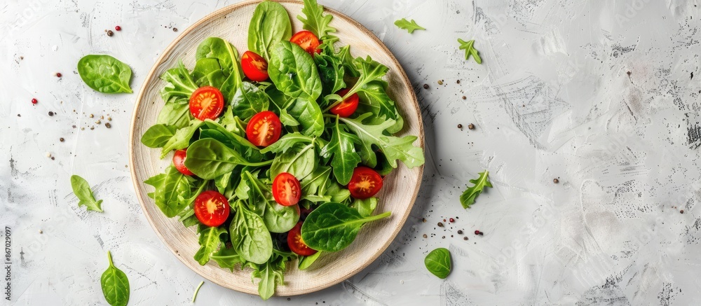 Fresh mixed salad on a white wooden plate with cherry tomatoes, spinach, arugula, romaine, and lettuce Fresh mixed salad on a white wooden plate with cherry tomatoes, spinach, arugula, romaine, and lettuce