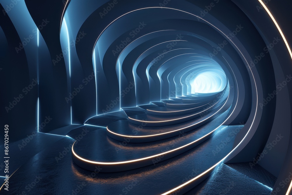Obraz premium Futuristic glowing blue tunnel interior with abstract architecture. Concept of science fiction, technology, and the future.