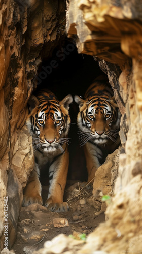 One day, two tigers coincidentally encounter the same cave together, but they cannot stay in the same cave photo